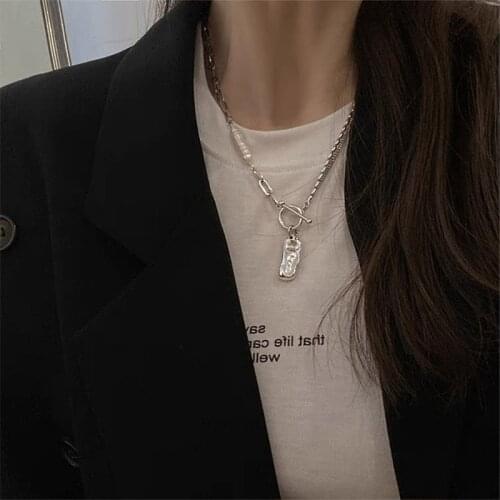 AOMU Spring Vintage Silver Color Metal Imitated Pearl Rectangular Necklace Irregular Geometric Hollow Lock Pendant for Women