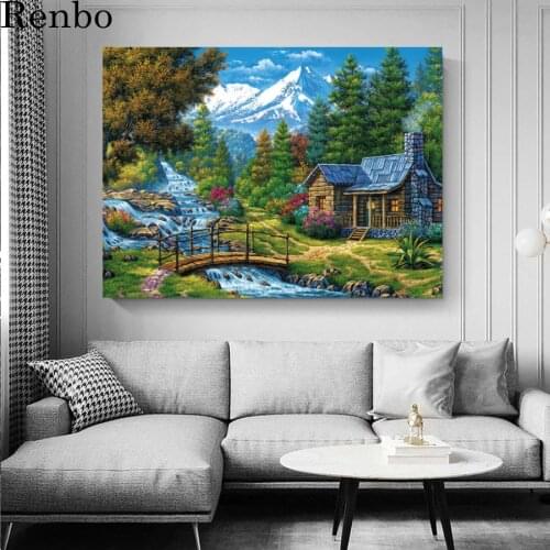 5d diy diamond painting full square round drill Snow mountain river waterfall hut scenery diamond embroidery sale home Decor