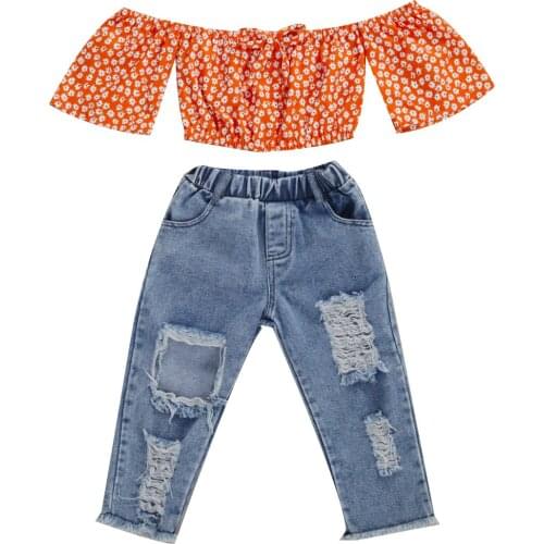 1-5Years Kid Girls 2pcs Little Floral Print Off Shoulder Orange Blouse Crop Top+Holes Denim Long Pants Holiday Kids Set