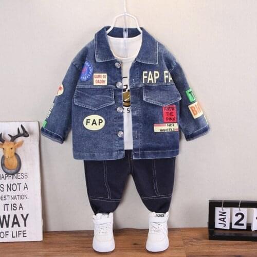 0-4 years old autumn new boys' letter Lapel denim coat three piece set fashion solid color childrens leisure suit