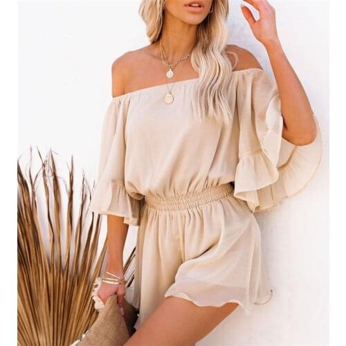 Thorn Tree Sexy Women Summer Solid Color Playsuits Patchwork Ruffles Slash Neck Short Flare Sleeve High Waist Loose Jumpsuits