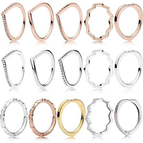 925 Sterling Silver Wish Bone pandora Ring Set With Crystal Stack Rings For Women Wedding Party Jewelry