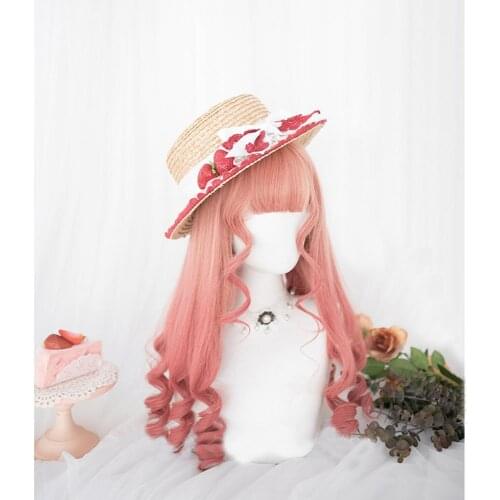 CosplayMix 55CM Watermelon Red Ombre Long Curly Bangs Cute Halloween Party Synthetic Hair Women Cosplay Wig+Cap