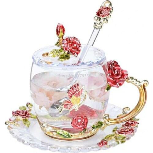 Red Rose Enamel Coffee cup Mug Crystal Glass Cups and mugs High-grade Tea Cup Drinkware Gift Couple Mug For Lover Tea Set
