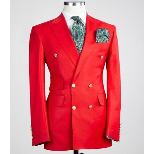 Red Double Breasted Business Formal Men Suit Groomsman Groom Tuxedos Peak Lapel Men Wedding Suits Best Man Blazer (Jacket+Pants)