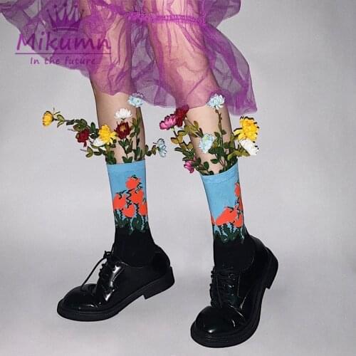 Harajuku Cute Flower Cotton Socks Women Girl Mid Tube Socks Vintage Floral Fashion Chic Streetwear