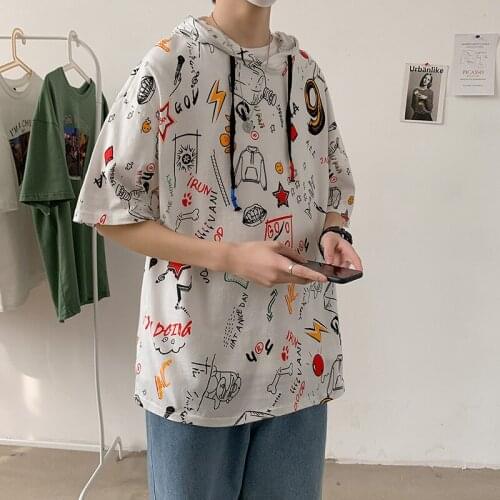 Mens Hoodies women 2021 Summer Graffiti Short Sleeves Sweatshirt Hip Hop Harajuku Japanese Streetwear Hoodie