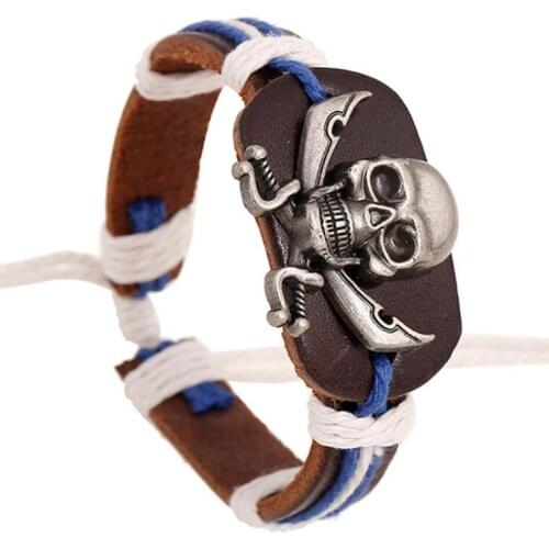 Punk Gothic Men Alloy Skull Charm Bracelet Wrap Fashion Adjustable Rope Leather Bangle Wristbands Handmade Vintage Retro Jewelry