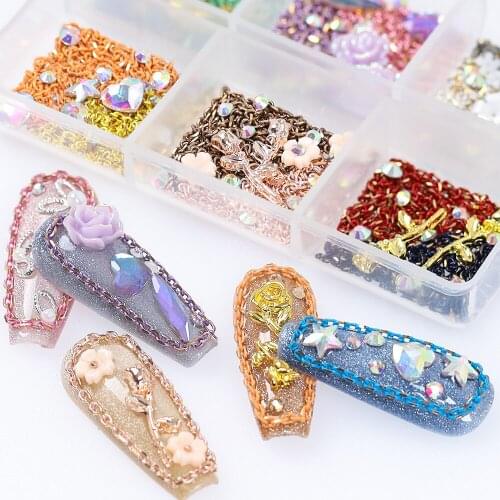 1 Box Nail Art Decoration Accessories Set Manicure Nail Supplies Nails Crystals Rhinestones Gems Metal Chain Flower Charms