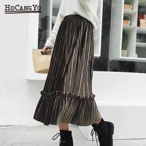 New Womens Velvet Pleated Skirt Autumn Winter Fashion Empire Elegant Skirts Women Casual Elastic Waist Midi Skirts High Waist