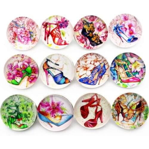 Newest 10pcs/lot pretty high-heeled shoes Snap Buttons Charms 18mm Glass Buttons Fit DIY Snap Bracelets&Bangle Jewelry