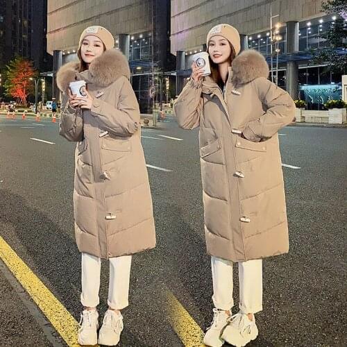 The new 2021 horn buckle down cotton-padded jacket female in long loose bread served knee with thick coat