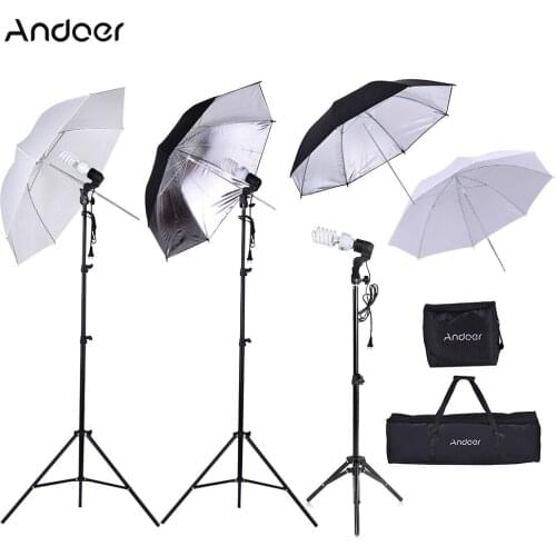 Andoer Photo Studio Lighting Kit Incloud Light Stand Bulb Translucent White Soft Umbrella Black&amp