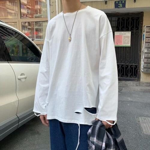 OVERSIZE loose high street tide brand hole solid color inner base shirt long-sleeved T-shirt BF wind men and women net red ins