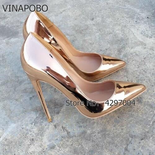 VINAPOBO Pointed Toe Gold high heels pumps Shoes Patent Leather Prom Wedding party Thin heels Shoes Large Size 35-43 Spring New
