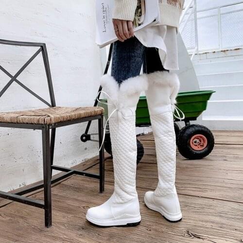 PXELENA Waterproof Snow Boots Over The Knee Women Rabbit Fur Flat Platform 2019 Winter Warm Riding Long Boots Shoes Black White