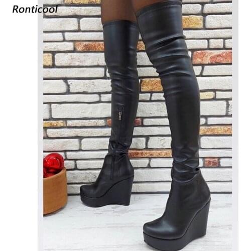 Ronticool Women Platform Over The Knee Boots Flexible Side Zipper Wedges Heels Round Toe Elegant Black Club Shoes US Size 5-20