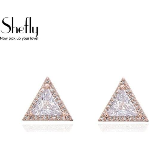 Cubic Zirconia Triangle Stud Earrings for Women Luxury Shiny Geometric Earring Rose Gold Wedding Jewelry Girl Christmas Gift
