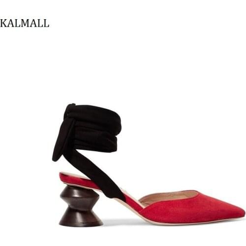 KALMALL Red Suede Women High Heels Gladiator Shoes Rome Style Lace-Up Strange Heels Sandals Pointed Toe Ankle Strap Women Pumps