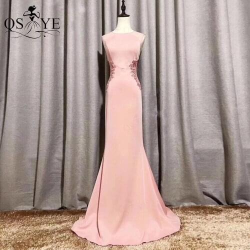 QSYYE Pink Mermaid Evening Dress Elastic Hollow Waist Bead Appliques Prom Dress Sleevelesss Illusion Formal Party Gown Elegant