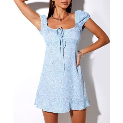 Floral Ruffle Sexy Low Cut Slim Dress Square Collar Women Dresses Short Sleeve Backless Summer Dress Female Party Club Платье 3