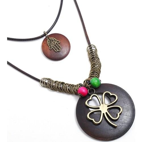 Fashion Vintage Retro Lucky Hamasa Hand Four Leaf Clover Necklace Casual Women Long Pendant Statement Chain Hamsa Amulet Jewelry