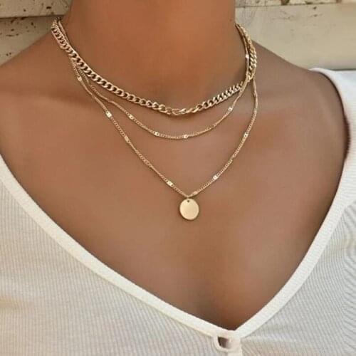 Gold Color Alloy Multilayer Link Chain Necklace for Women Retro Round Pendant Necklace Aesthetic Goth Collar Party Jewelry Gift