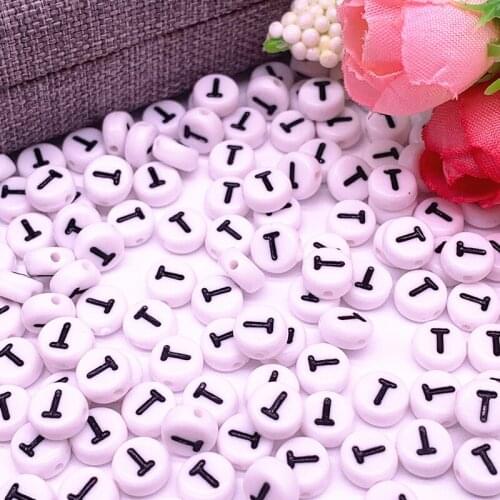 100pcs/lot 7x4mm "T" White Round Alphabet/ Letter Acrylic Loose Spacer Beads for Jewelry Making DIY Bracelet Accessories
