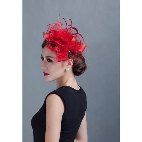 2016 Red Blue Feather Sinamay Hair Accessories Veil Hat Women Hair Accessories Elegant Fascinator Hair Clip Wedding Party Bride
