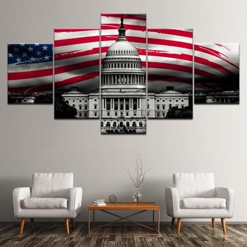 5 Panel HD Printed Canvas Painting the White House US Falg Canvas Print Art Home Decor Wall Art Picture for Living Room Artwork