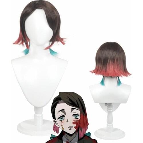 Anime Demon Slayer Enmu Dream Cosplay Wig Short Red Green Hair Performance Stage Costume Free Wig Cap