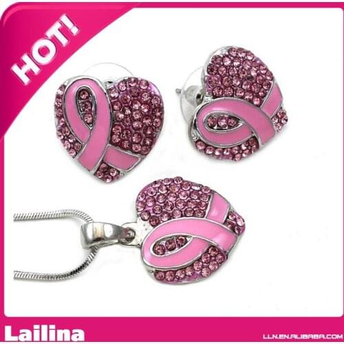 Breast Cancer Awareness Month Accessories Pink Ribbon Heart Necklace Pendant Charm Stud Post Earrings Set