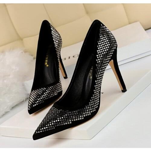 Women Elegant Crystal women’s shoes sexy thin shoes super high suede shallow mouth pointed single shoe Suede sequined pumps
