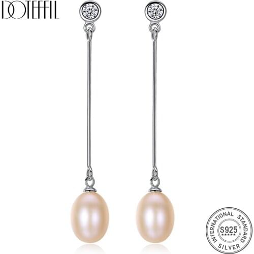 DOTEFFIL 925 Sterling Silver 7mm White/Pink/Purple Natural Pearl Zircon Long Earrings For Women Wedding Engagement Charm Jewelry