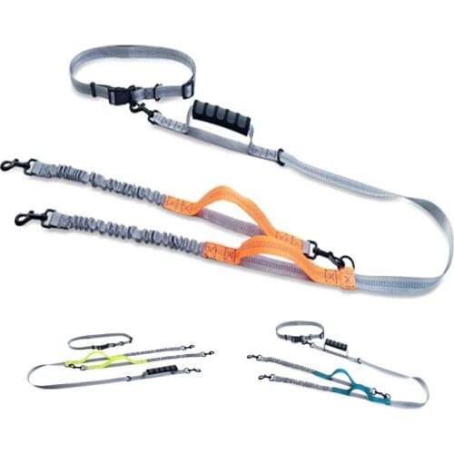 Hands Free Two Dog Leash For Running Double Head Leash Rope Reflective Elasticity Dog Walking Collar Leash With Waist Belt CL166