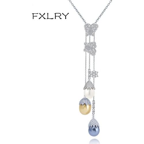 FXLRY Fashion OL Personality White Color Cubic Zircon Water Droplets Shell Beads Sweater Chain For Women Jewelry Free
