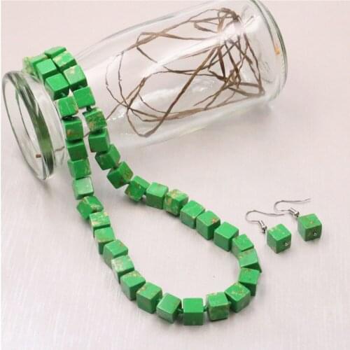 Hot Green Imperial Jaspers Synthesis Beads 8mm Square Turquoises Jewelry Women Free Shipping Set Necklace Earrings 18inch Y551