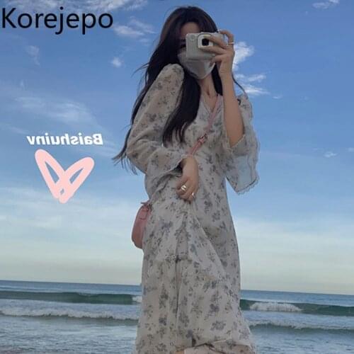 Korejepo Women Dress 2021 Early Autumn New Korean Chic Sweet Retro Blue Floral V-neck Lace Long Sleeve Waist Long Dress Female
