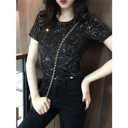 Summer High Quality Woman Sequined Tops Shiny Girls Dancing T Shirt Short Club Wear
