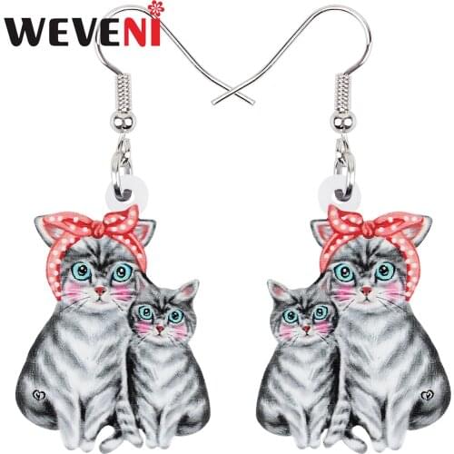 WEVENI Acrylic Mothers Day Sweet Bow-knot Cat Baby Kitten Earrings Long Drop Dangle Fashion Animals Gift Jewelry For Girl Women