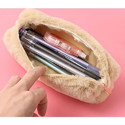 Cute Small Fresh Fashionable Solid Color Plush Pencil Case, Korean Girls Students Simple Gift Stationery Storage Pencil Bag