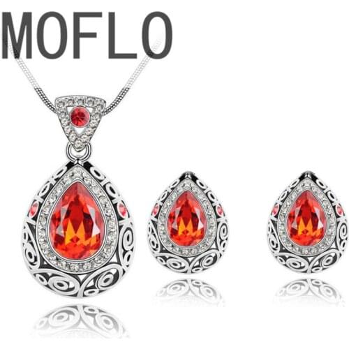 MOFLO Women Party Jewelry Set Austria Crystal Rhinestone Pendant Necklace Stud Earring Set Teardrop Necklace Earrings Set