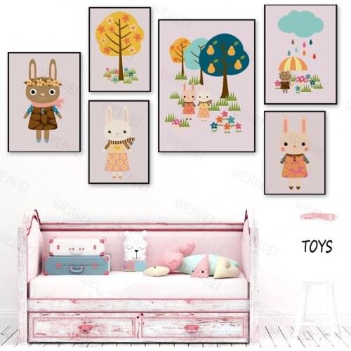 Cartoon Rabbit Tree Cloud Flower Nursery Wall Art Canvas Painting Nordic Posters Prints Wall Pictures Girl Boy Kids Room Decor