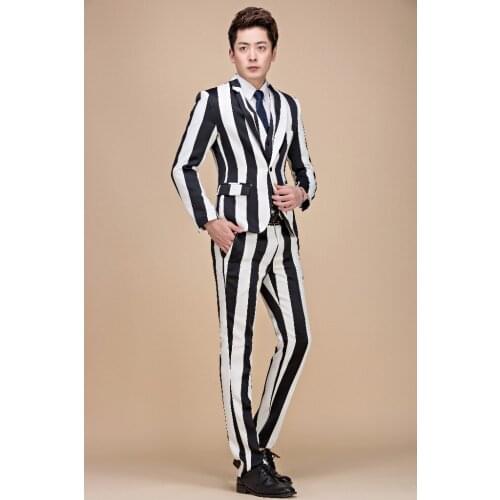 Striped Black White Coat Pants Mens Self-Cultivation Suit Night Show Male Singer Trend Hair Stylist Set Outfits 3XL Jaqueta