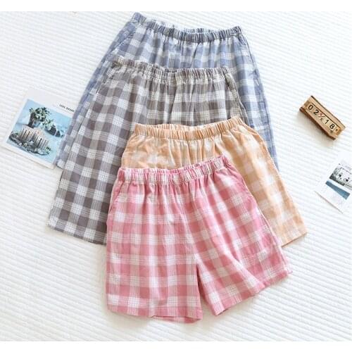 New Summer Couple Plaid Shorts Cotton Gauze Thin Pajama Pants Lounge Sleep Wear for Women Loose Elastic Night Pants
