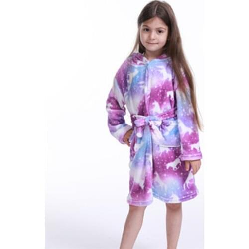 New Purple Unicorn Baby Girls Hooded Pajamas Children Sleepwear Rainbow Cartoon Bathrobe Beach Towels Oneises Kids Nightwear