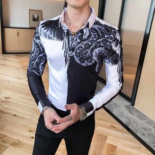 Fashion Patchwork Color Shirt Men Casual Autumn Winter Long Sleeve Men Tuxedo Shirt Slim Fit Digital Print Blouse Men Clothing