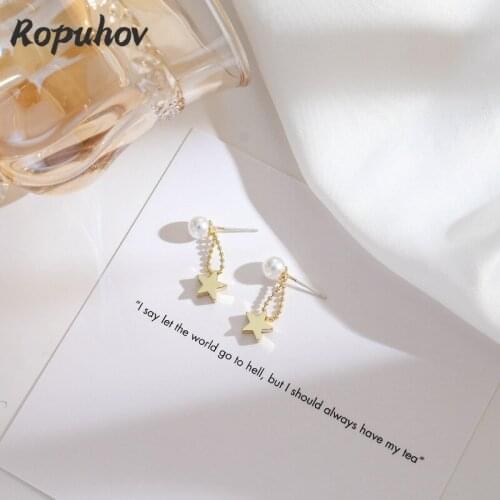 ROPUHOV 2021 New Korean ZA Trendy S925 Silver Pin Retro Simple Asymmetrical Star Earrings Women Geometric Design Pearl Earrings