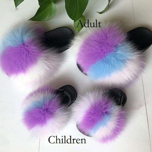 Summer Kids Luxury Fluffy Fur Slippers Children‘s Amazing Plush Sandals Fox Fur Flip Flops Indoor Home Shoes Girls Flat Slides