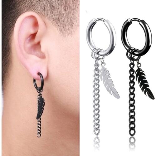 SOHOT Gothic Street Boy Unisex Titanium Stainless Steel Feather Hoop Earrings Cool Girl Long Tassel Chain Wholesale Dance Ball